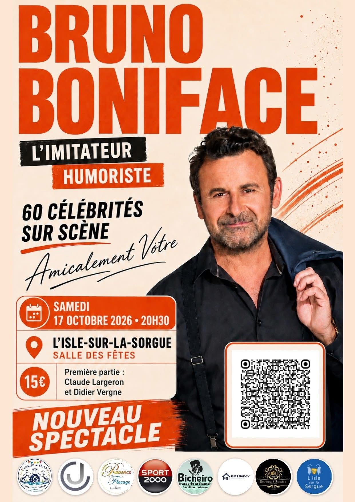 Affiche du spectacle « Amicalement Vôtre » de Bruno Boniface, samedi 17 octobre 2026 à la salle des fêtes de L'Isle-sur-la-Sorgue